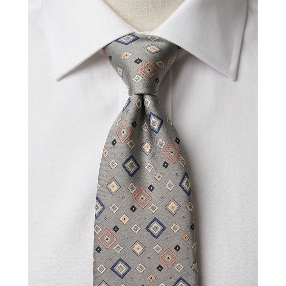 Tesoro Rosso Silk Tie Mens Squares Geometric‎ Pattern Tan Necktie